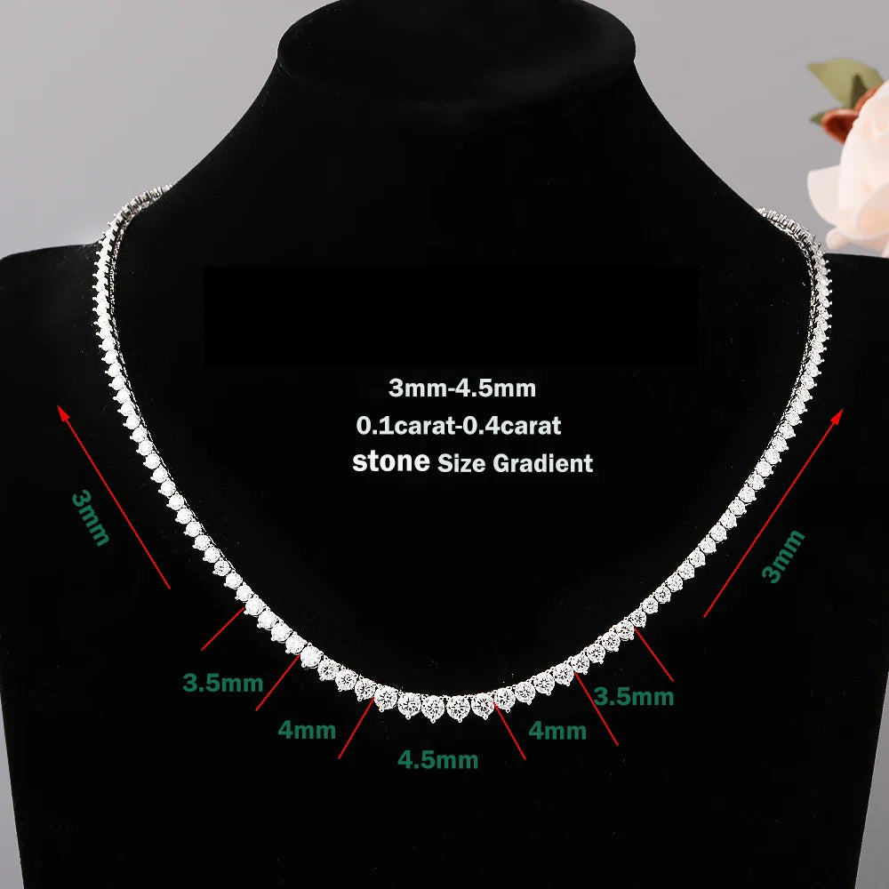 3-Claw Setting Full Moissanite Tennis NecklaceCertified Certificate 925 Silver 3-4.5mm Size Gradient Diamond Necklaces for Women