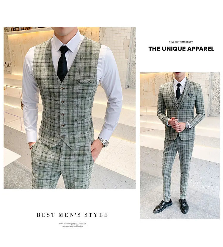 ( Jackets + Vest + Pants ) New Fashion Boutique Plaid Mens Casual Business Suit Groom Wedding Dress Suit 3pces Set Male Blazer