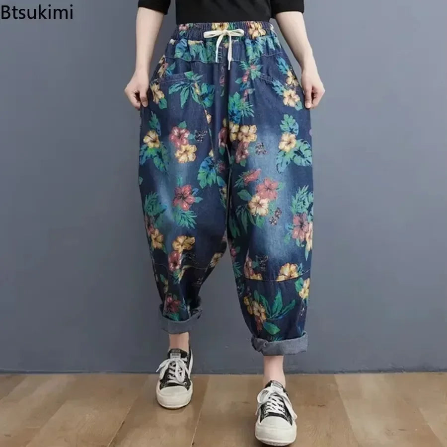 بنطلون جينز نسائي بطول الكاحل بتصميم عصري بنمط هاراجوكو بطبعة عتيقة كاجوال