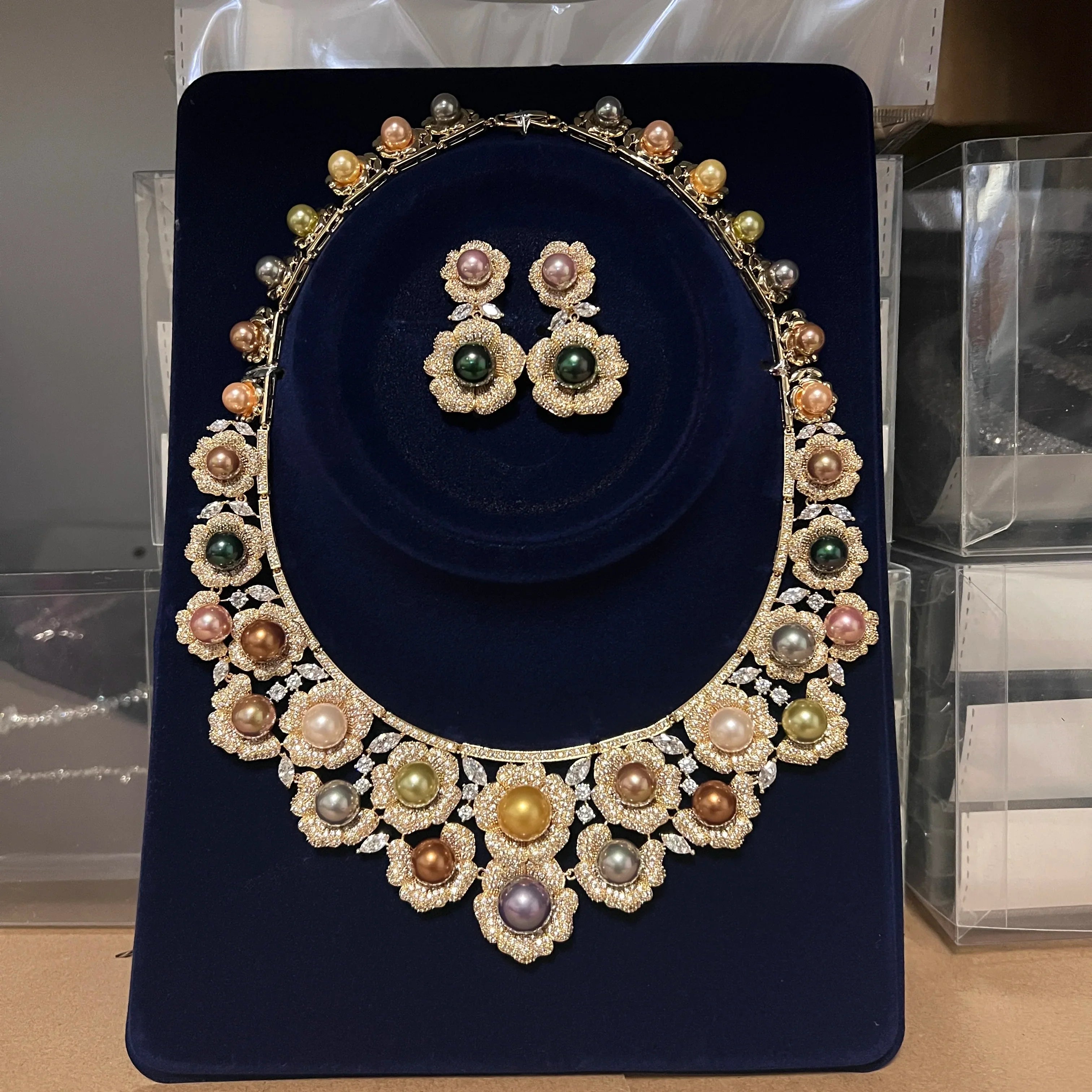 High Quality Zircon Pearls Jewelry sets Luxury Designer Flower Necklace Women Sparkling Dubai Bridal Party Costume Accessories
