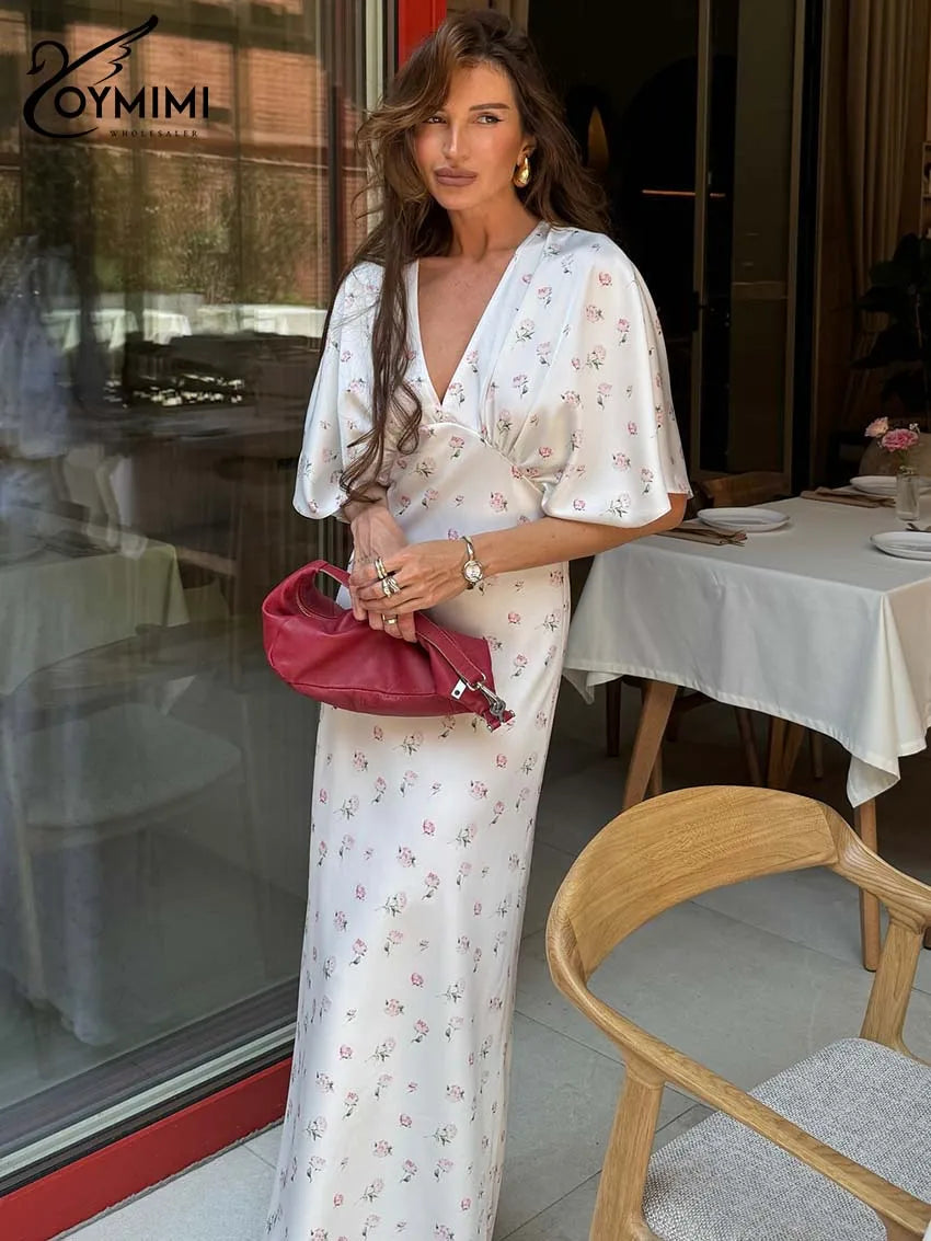 Casual White Print Dresses For Woman Fashion V-Neck Batwing Sleeve Dresses Elegant Straight Floor-Length Dress Streetwear