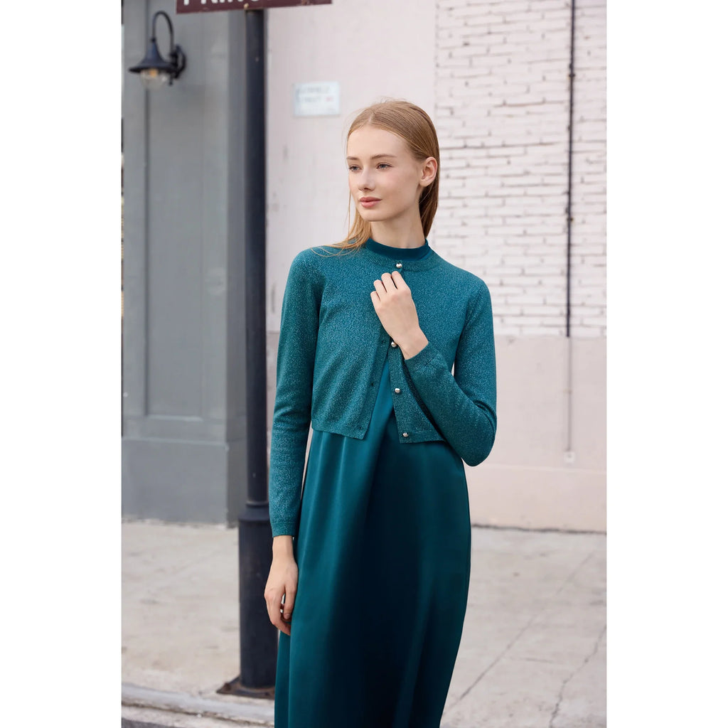 Women 2026 Autumn and Winter Modal Shirt and O Neck Acetate Satin Maxi Dress Lurex Cardigan High Quality Lady Clothing