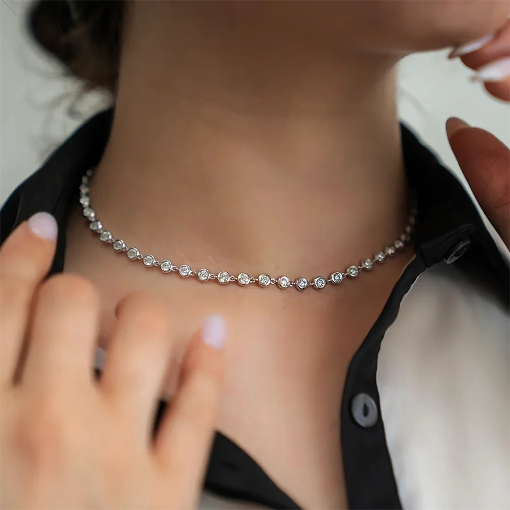 Certified 3mm Round Bezel Moissanite Tennis Necklace for Women 925 Sterling Silver Plated 18k Gold D Color Diamond Neckchain