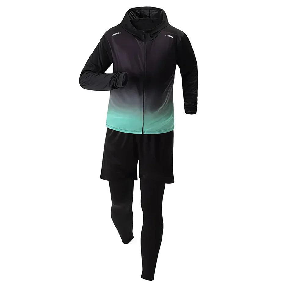 5-Piece Men's Quick-drying Sports Suit Fitness Running Tight Elastic Trousers With Cap Gradient Coat Round Neck Casual T-shirt