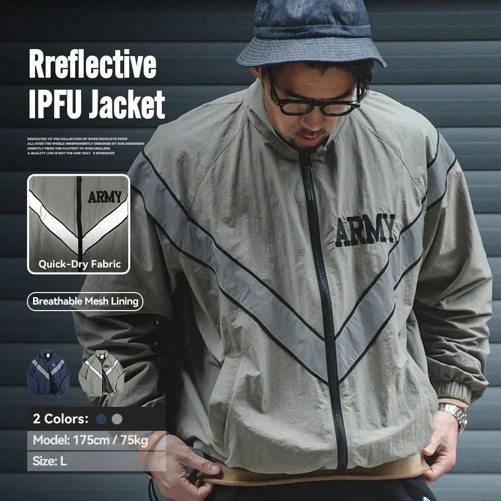 ARMY Reflective Hooded Contrasting Color Bomber Jacket Sports Quick-drying Jacket Loose IPFU Training Suit for Men's Daily