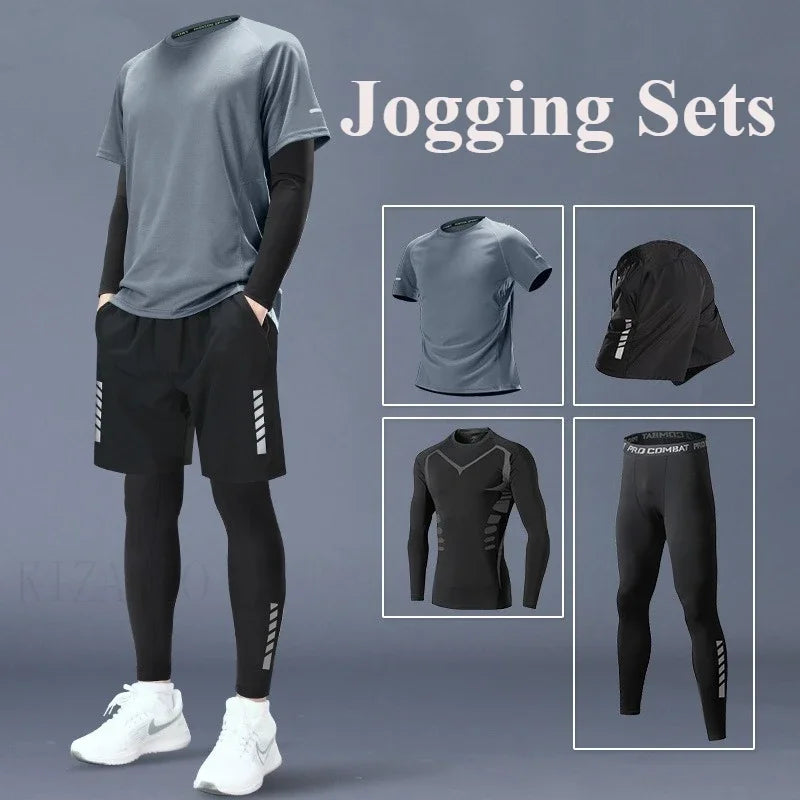 Fitness Clothes Ice Silk Quick Drying T-shirt Suit Men Short Sleeve Running Sportswear Shorts Tracksuit Gym Sports Training Sets
