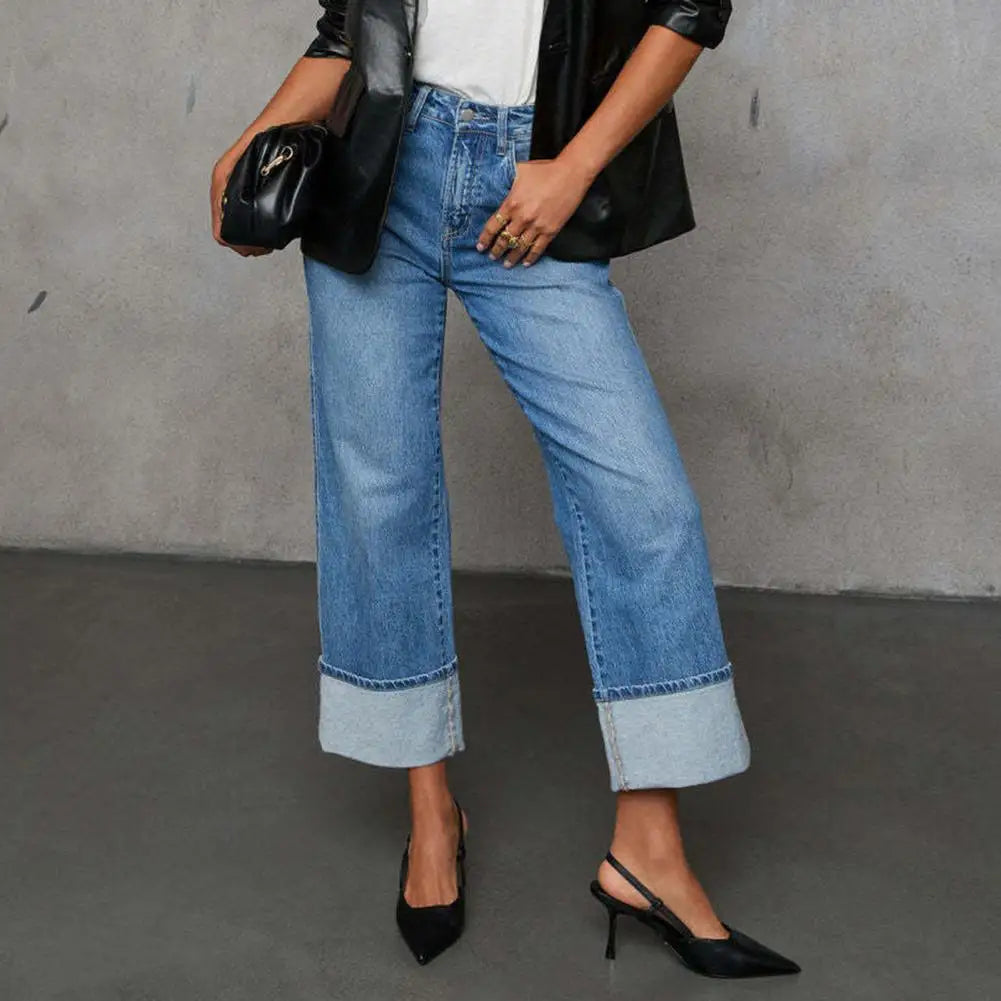 Women Baggy Jeans High Waisted Button up Denim Pants Elastic Cuffed Hem Straight Wide Leg Jeans with Pockets Streetwear