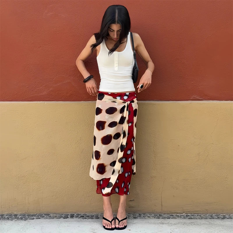 Print V-neck Lace Up Casual Dress Women Chic Thin Mesh Polka Dot Flared Sleeves Patchwork Slim Fit Dresses Lady Daily Vestidos