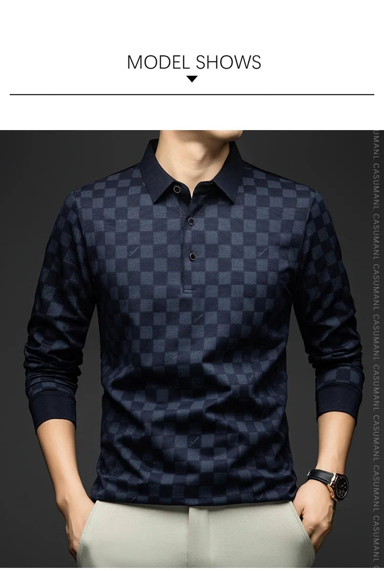 Polo Shirts for Man Autumn Business Slim Fit Long Sleeve T Shirt Men 2026 New Casual Loose Pullover Plaid Men Tops & Tees