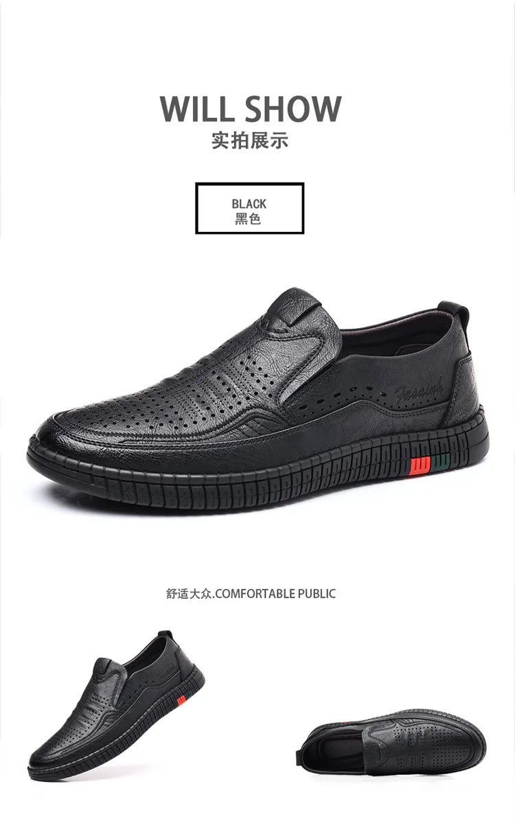 Summer New Breathable Hallow Leather Shoes for Men Solid Color Fashion Casual Driving Shoes Male Low Top Flat Shoes Man