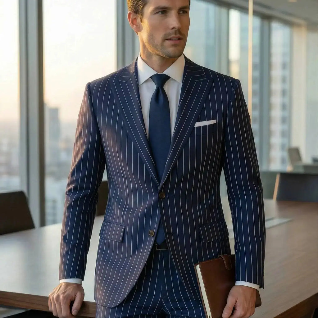 Elegant dark blue striped men's suit; 2 pieces of fashionable double-breasted, collarless slim-fit jacket and trouser set new st