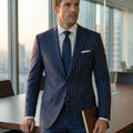 Elegant dark blue striped men's suit; 2 pieces of fashionable double-breasted, collarless slim-fit jacket and trouser set new st