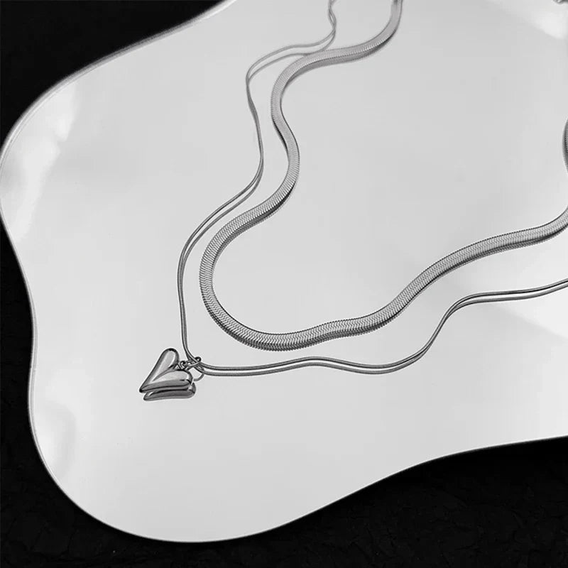 LATS Double Layered Love Heart Pendant Necklace for Women Silver Color Simple Neck Chain Choker Fashion Jewelry Birthday Gifts