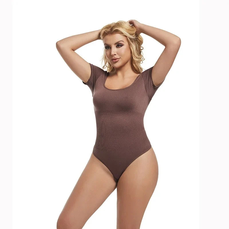 GUUDIA Short Sleeve Open Crotch Big U Neck Seamless Shapers Spandex Elastic Body Suit Shapewear Women Body Shaper Tummy Control