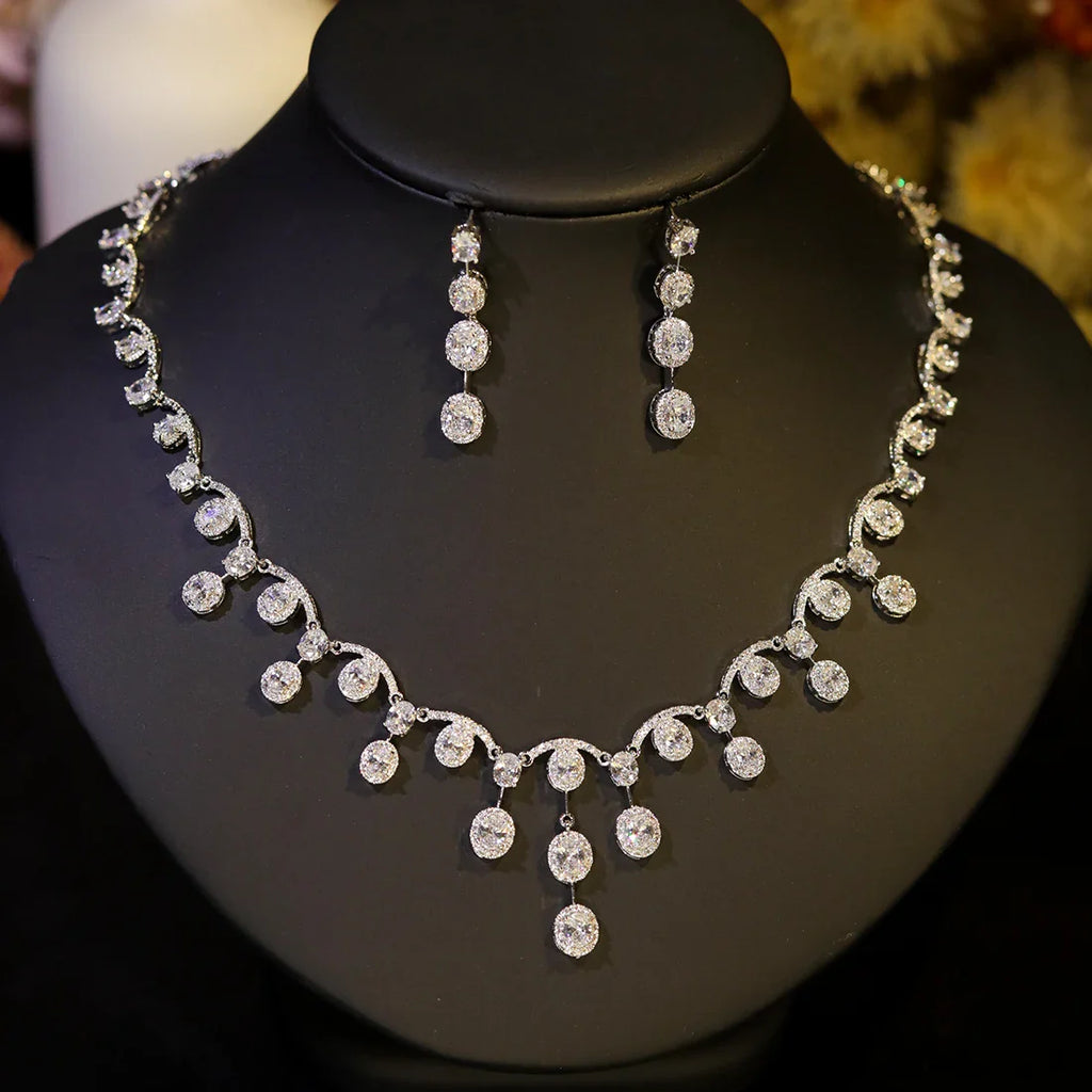 Simple Cubic Zirconia Tassel Water Drop Necklace Europe Bride Wedding Ball Jewelry Set For Women Dinner Party Accessories X0584