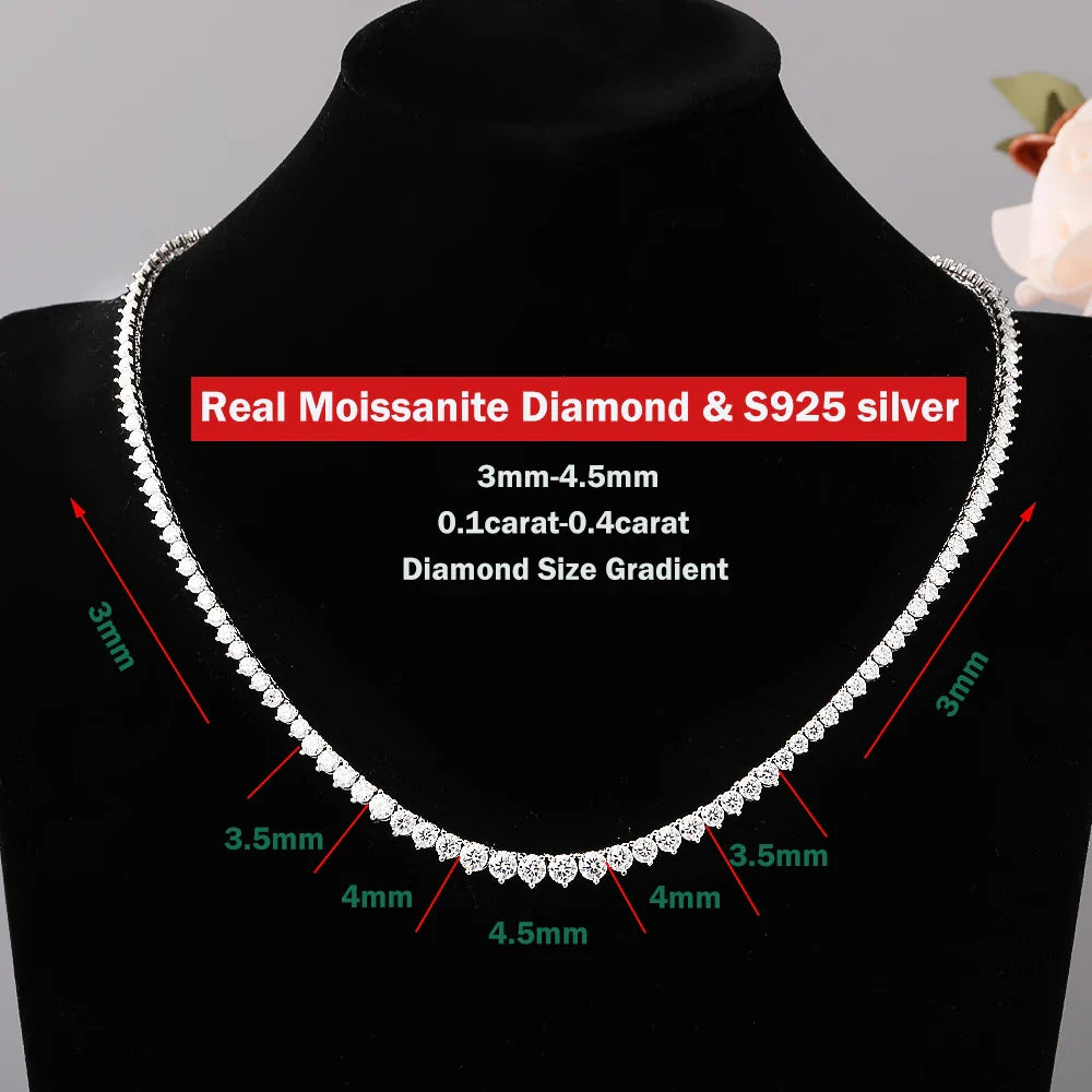 3-Claw Setting Full Moissanite Tennis NecklaceCertified Certificate 925 Silver 3-4.5mm Size Gradient Diamond Necklaces for Women