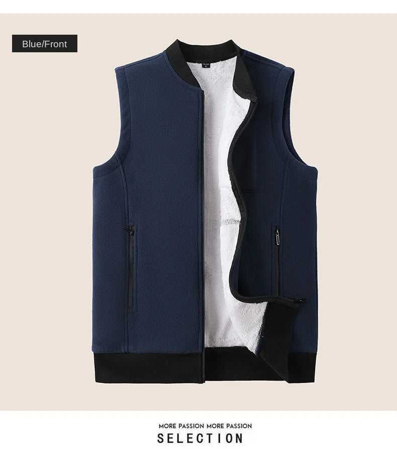 Men Winter Vest Sleeveless Stand Collar Solid Color Fleece Thick Keep Warm Plus Size Neck Protection Winter Waistcoat for Daily