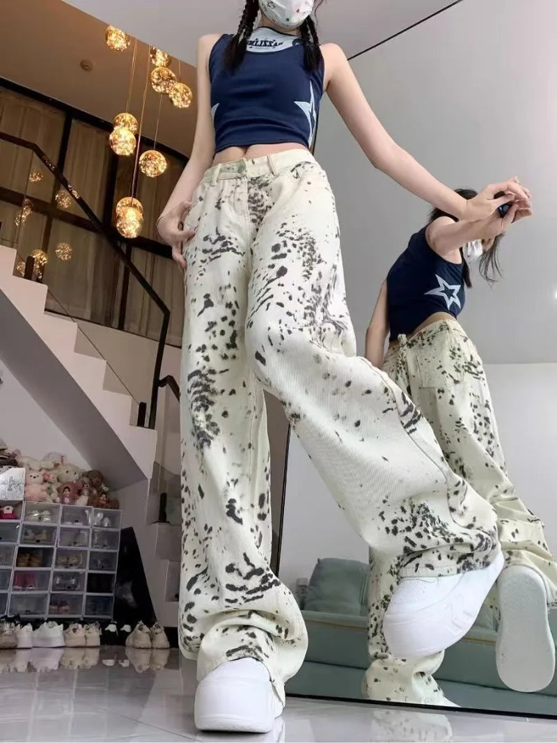 بنطلون جينز نسائي بقصة أرجل واسعة وخصر عالٍ كاجوال
