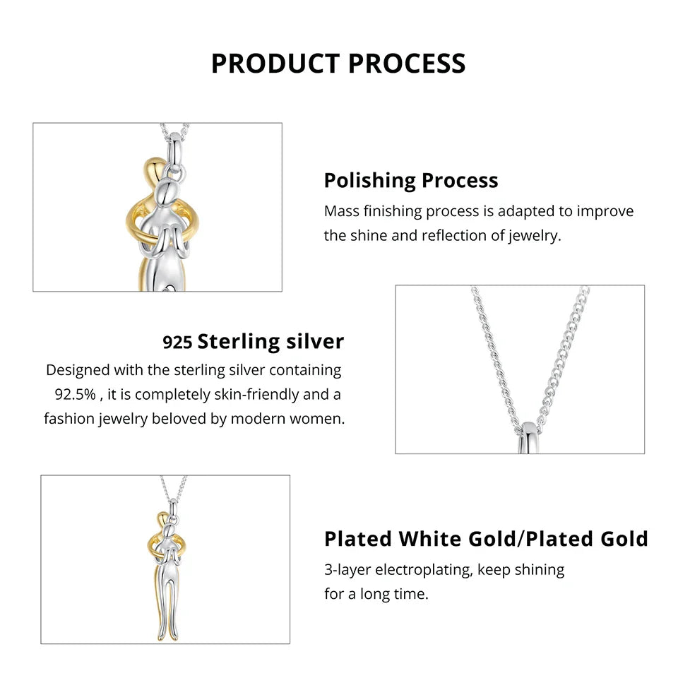 925 Sterling Silver Two-tones Hug Necklace, Detachable Sweet Love Pendant with O-chain for Women Men DIY Couple Necklaces