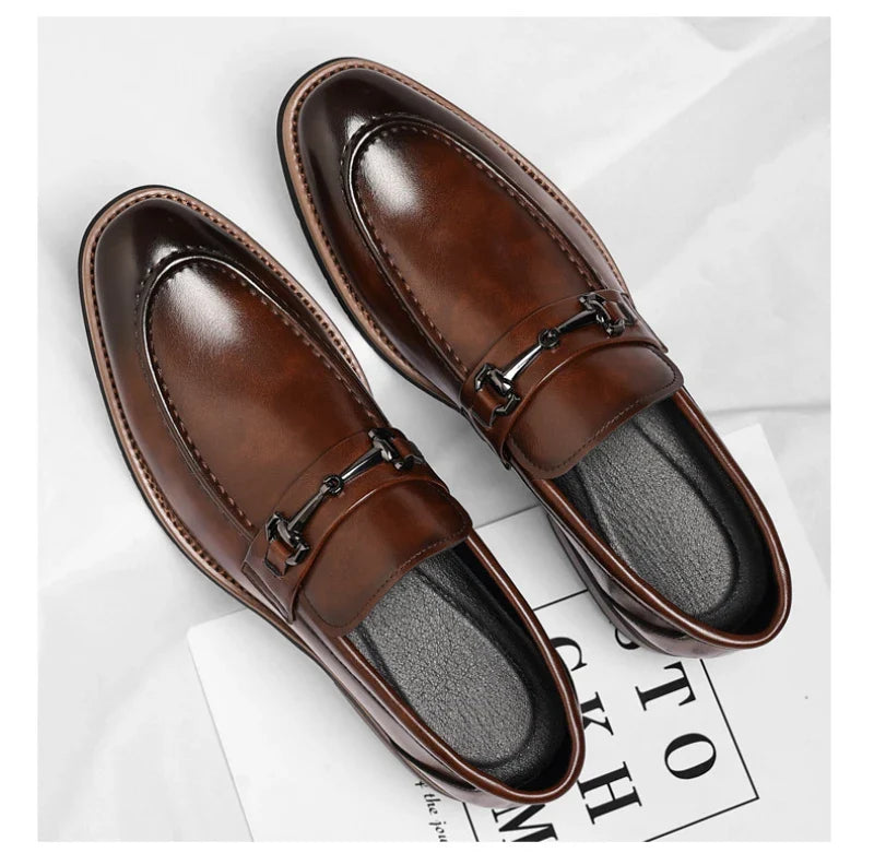 Mens Brown Burnished Genuine Leather Horsebit Loafers Slip On Formal Business Office Wedding Groom Daily Wear Shoes Simple New