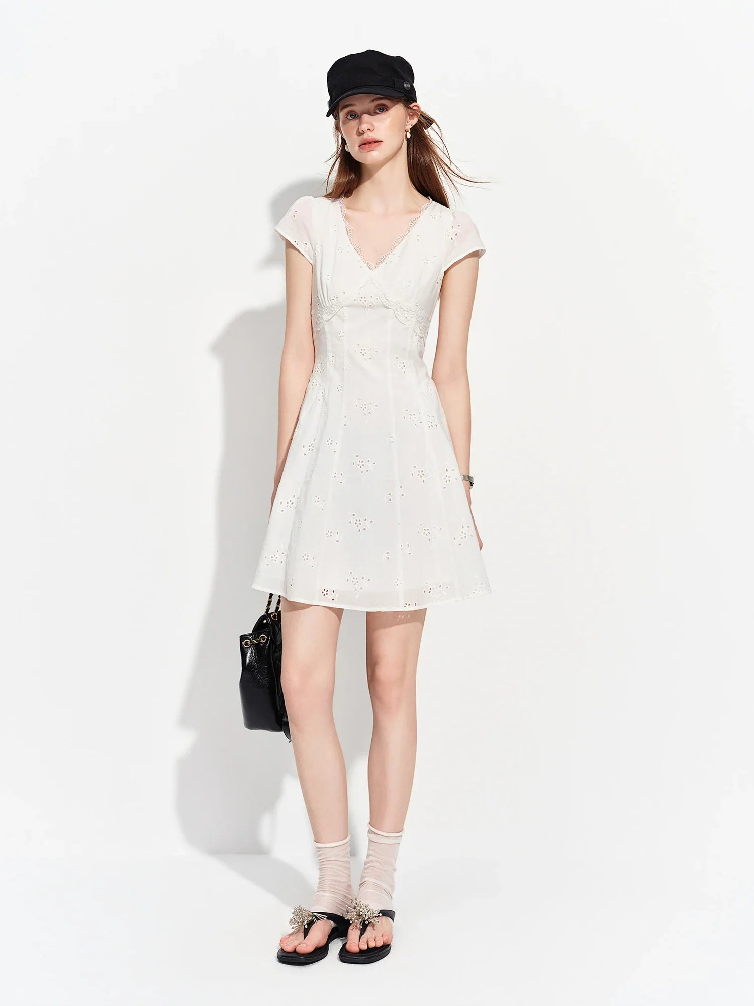 Women's 2026 Summer New Arrival French Pastoral Style V-Neck Lace Spliced Embroidered Dress Openwork Floral Plaid Pattern
