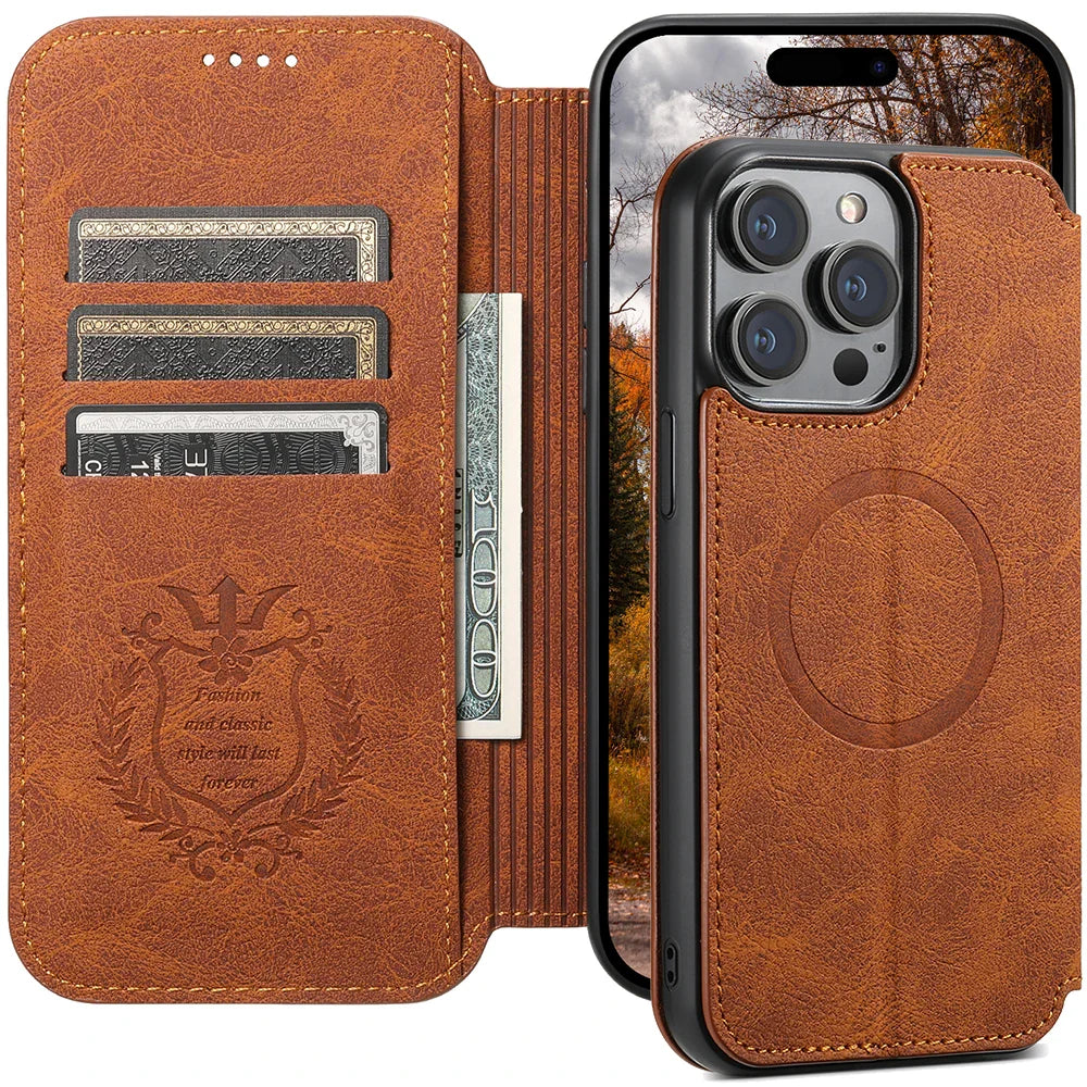 SUTENI Compatible Wireless Charging Leather Phone Case For iPhone 12 13 14 15 16 Plus 17 Pro Max Flip Cover Wallet Card Holder