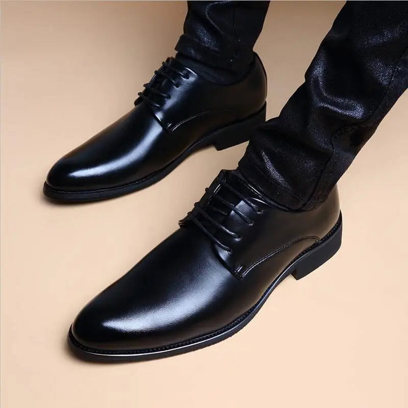 Business Formal Men's Pointed Toe Loafers with Invisible Heel Lift Korean Style Versatile Wedding Shoes for Youth Trendy Design