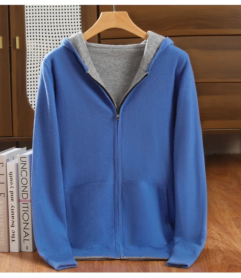 Double-Sided Hooded Zippered Men's Cashmere Cardigan Autumn and Winter Contrasting Color Thickened Loose Casual Knitted Sweater