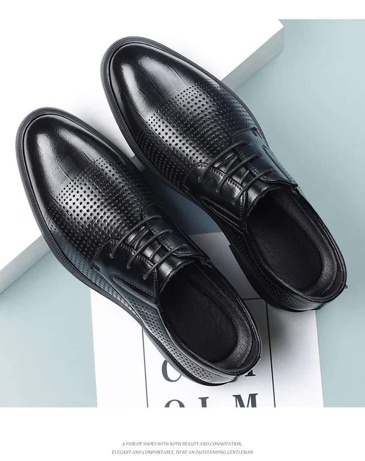 Men's Summer Breathable Leather Shoes British Style Comfortable Soft Business Formal Derby Shoes Hollow out Design-SJ6607-1