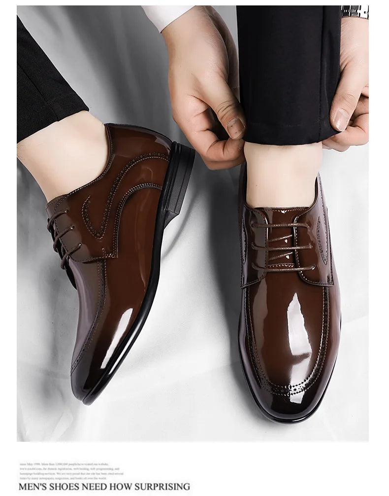 Business Formal Patent Leather Shoes for Men Spring Autumn New Designer Brogue Shoes Male Fashion Lace Wedding Shoe Man