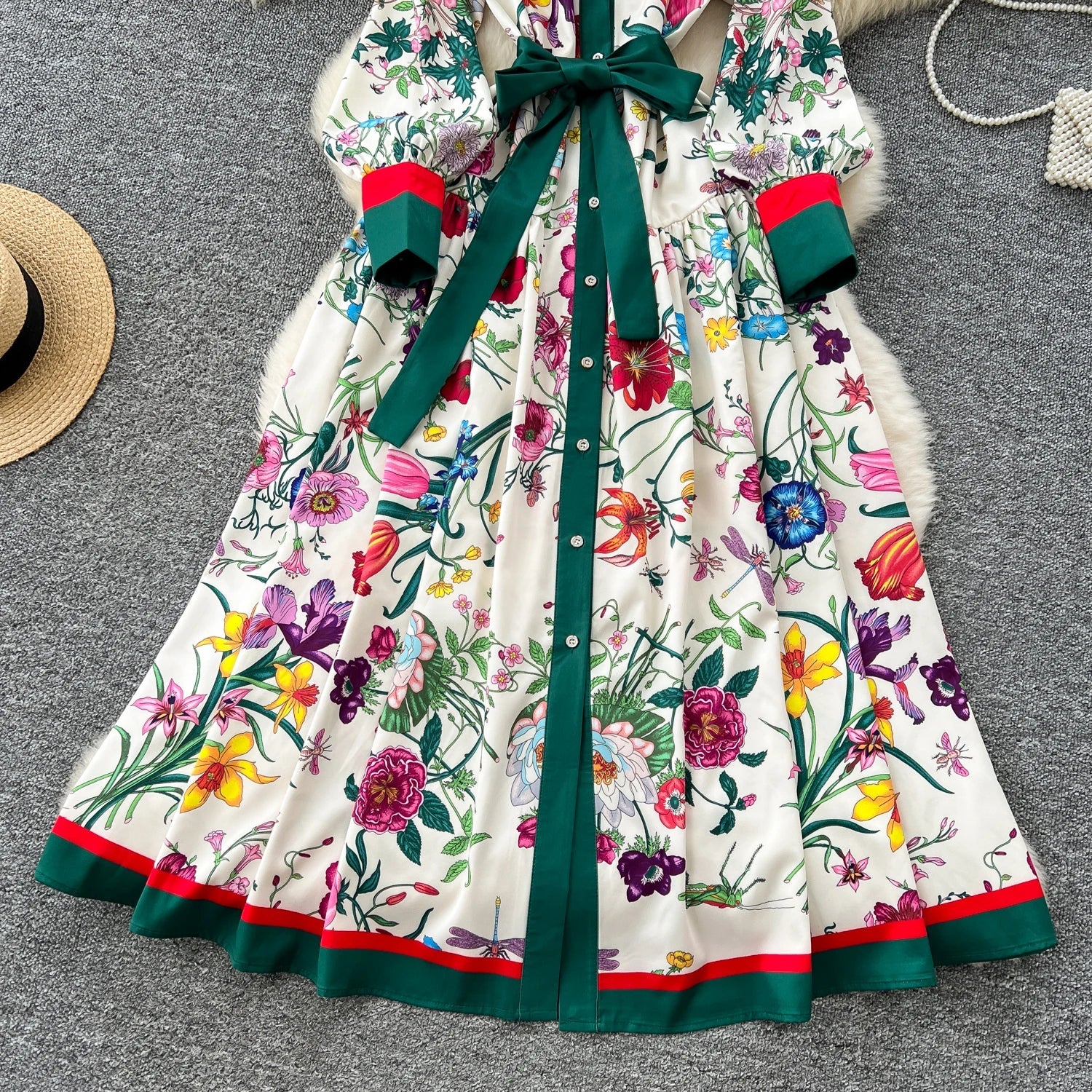 Retro Faion Print Stand Collar Single Button Women's Dr Waist Cinched Floor Length Skirt Korean Sle High Waist Long Sl...