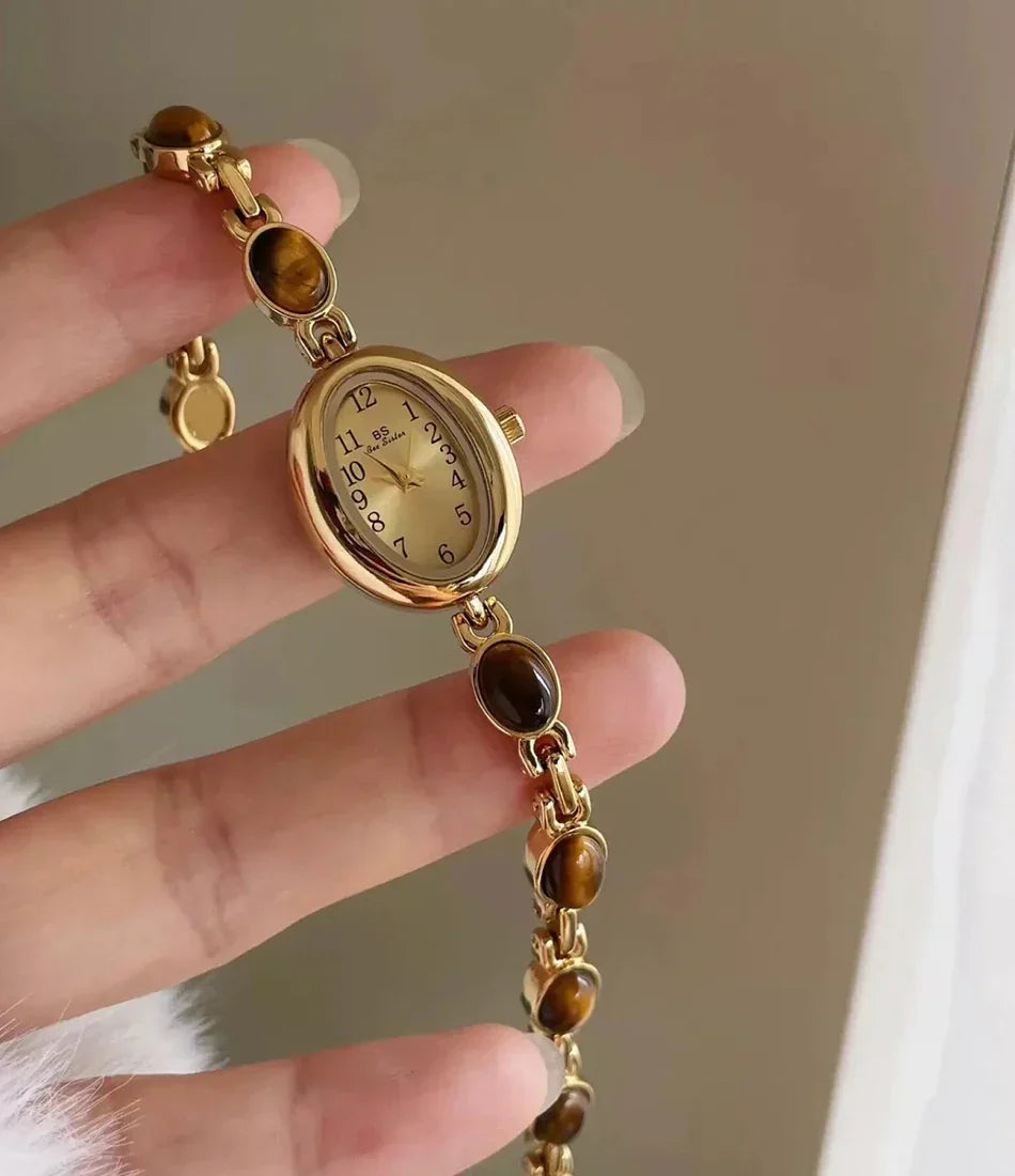 Luxury Vintage Quartz Women's Watches Fashion Natural Green Jade Bracelet Clock Numerals Small Oval Dial Watch Woman Accesories