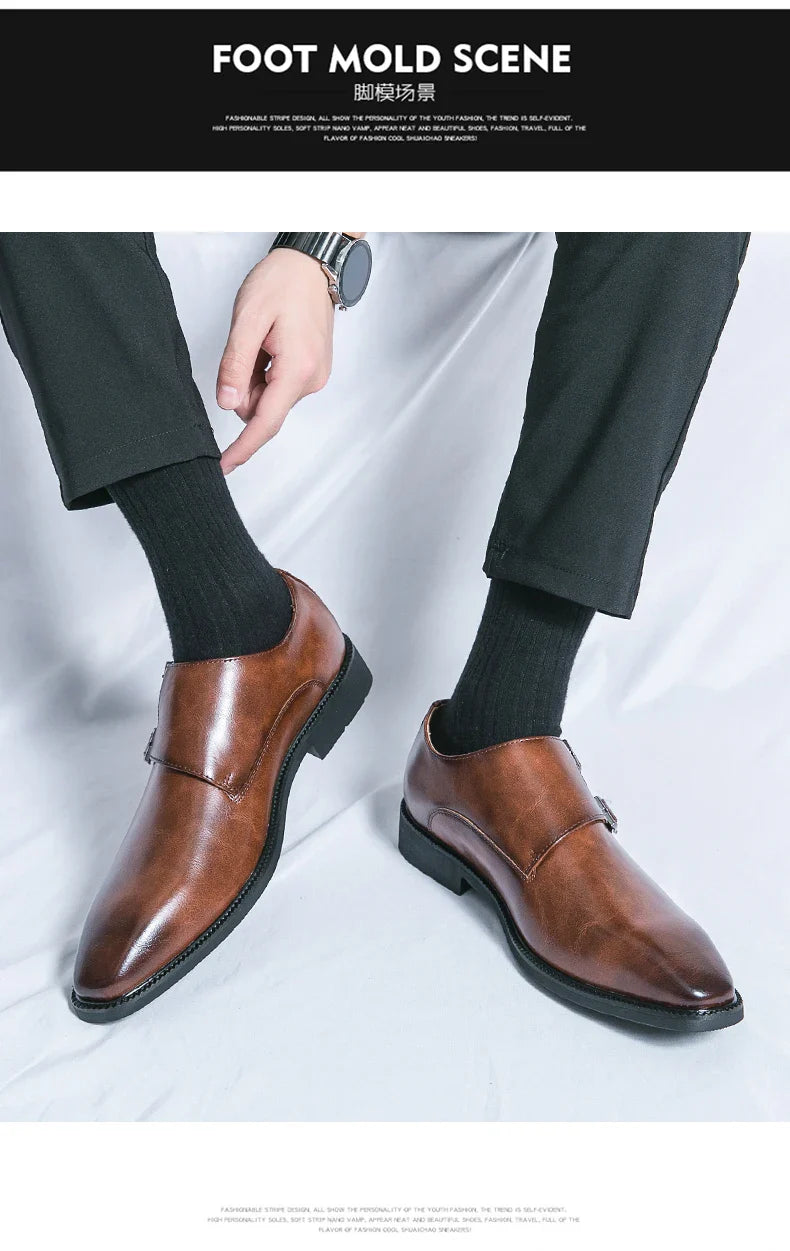 Men's Monk Leather Shoes Pointed Toe Buckle Dress Shoes Oxfords Classic Retro Business Office Wedding Comfortable