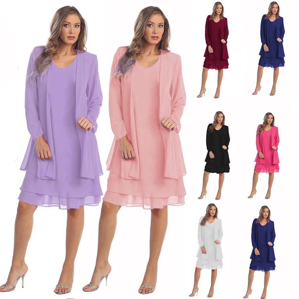2 Pieces Chiffon Dress Set Women Casual Long Sleeve Solid Cardigan Dress Elegant Wedding Evening Party Dresses Clothing Vestidos