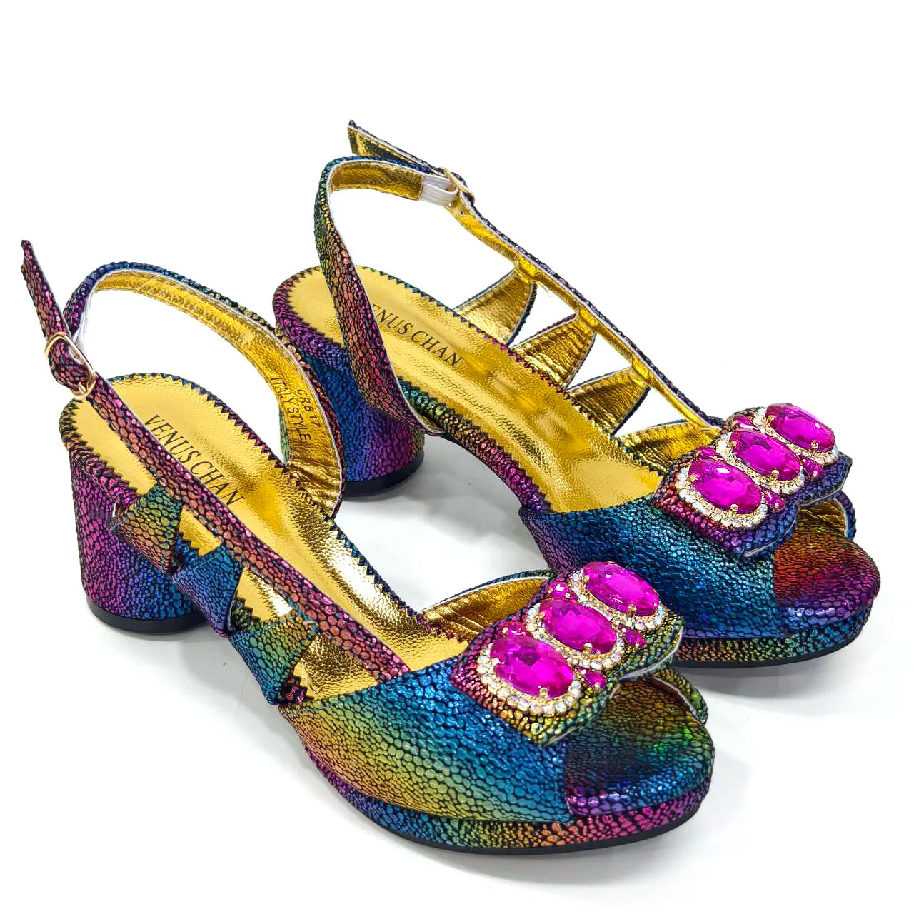 Shiny Peep Toe Women Chunky Heel Fashion Rhinestone Decoration Shoes And Bag Set