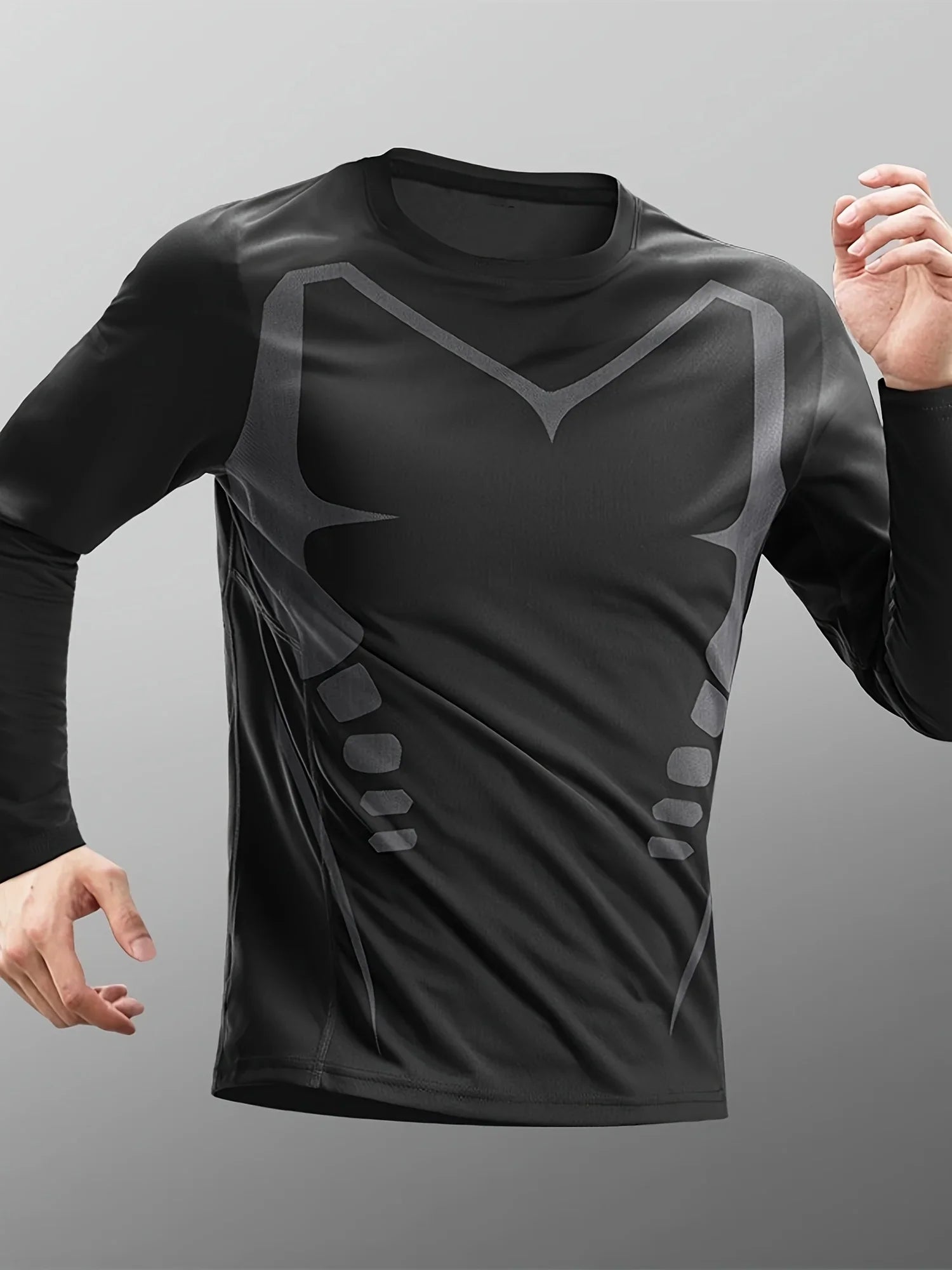 Men's High-Elasticity Quick-Dry Solid Color Breathable Mesh Long Sleeve T-Shirt for Spring/Autumn Fitness Training