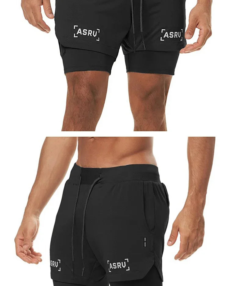Men's 2 in 1 Double-deck Gym Shorts Quick Dry Summer Running Workout Shorts Zipper Pockets Slim Fit Fitness Training Short Pants