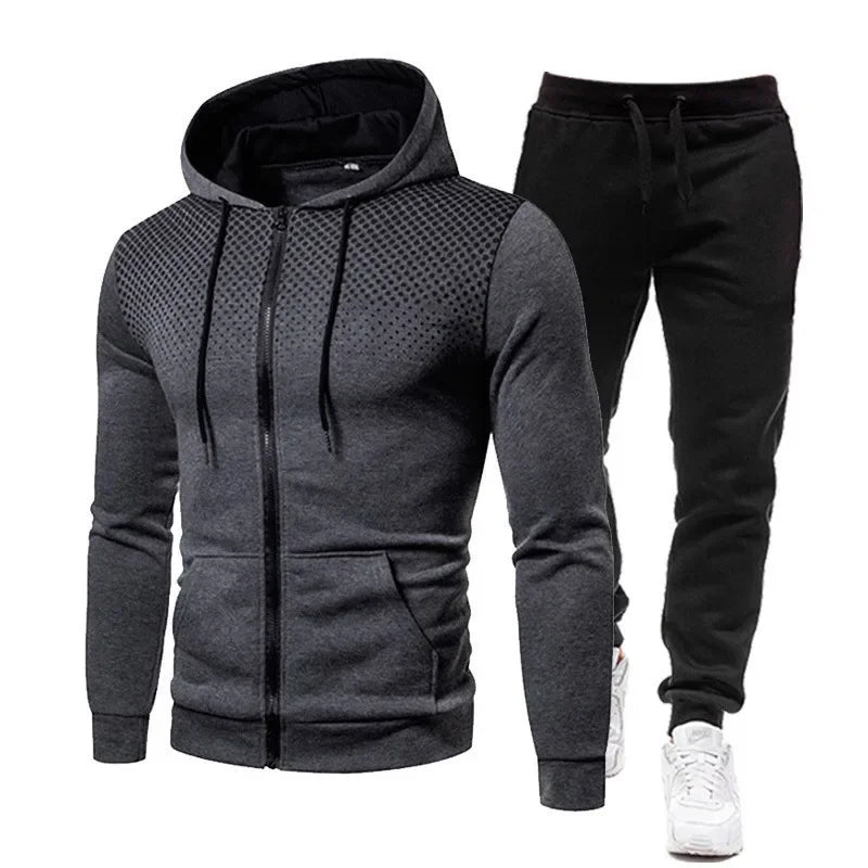 2025 Men's Sports Set Outdoor Running Clothing Spring Autumn Dot Print Zipper Hoodie And Sports Pants Two-Piece Set