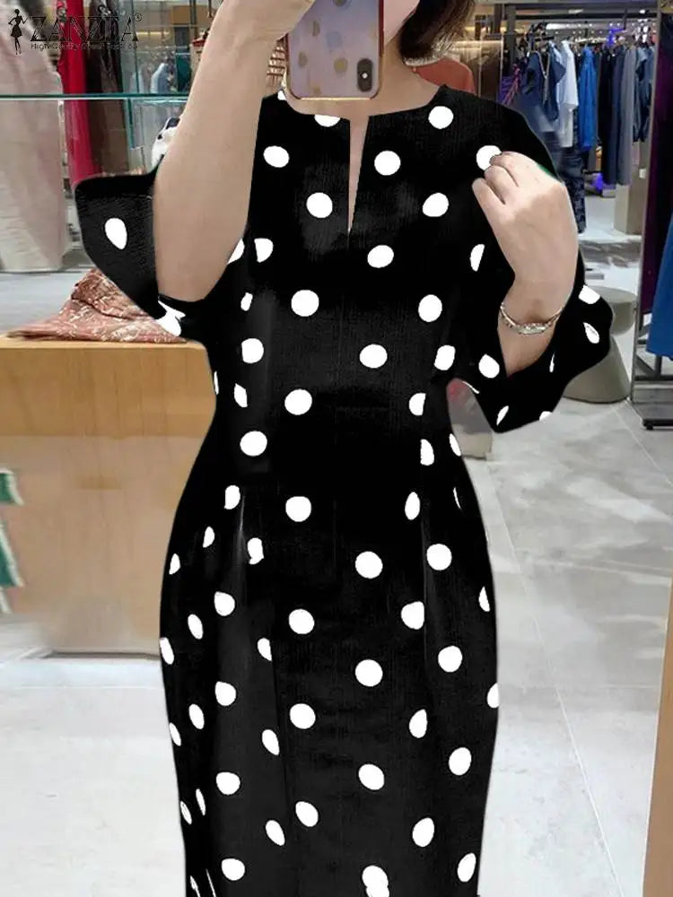 Elegant Women Dots Print Dress 2024 Summer Slim 3/4 Sleeve Vestidos Fashion V-Neck Party Midi Robe Office Pocket Dresses