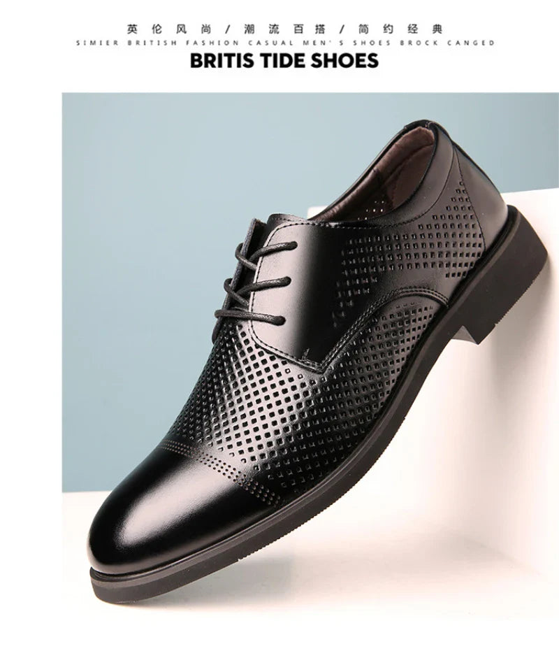 Mens Black Genuine Leather Perforated Cap Toe Lace Up Formal Business Oxford Shoes Breathable Summer Office Casual Dress Shoes