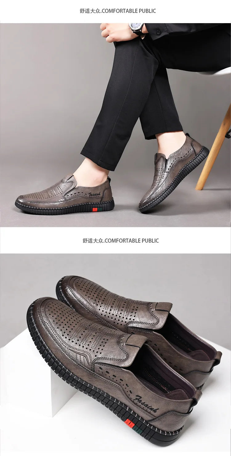 Summer New Breathable Hallow Leather Shoes for Men Solid Color Fashion Casual Driving Shoes Male Low Top Flat Shoes Man