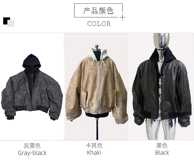 Spring Oversized Vintage Black Faux Suede Leather Jacket Men Zipper Fake 2 Piece Luxury Designer Clothes Hoodie 2024