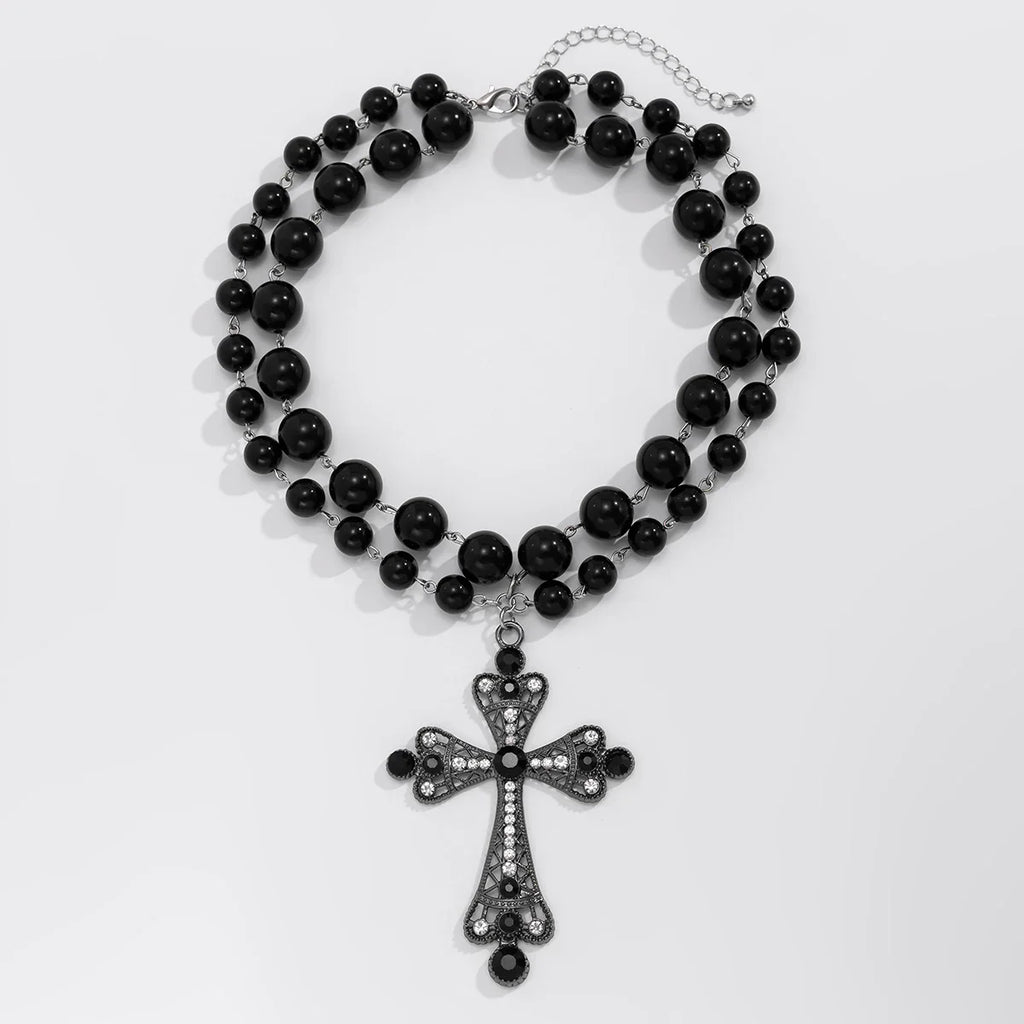 IngeSight.Z Trendy Goth Large Cross Pendant Necklace Elegant Charming Imitation Pearl Woman Choker Y2K Neck Jewelry Accessories