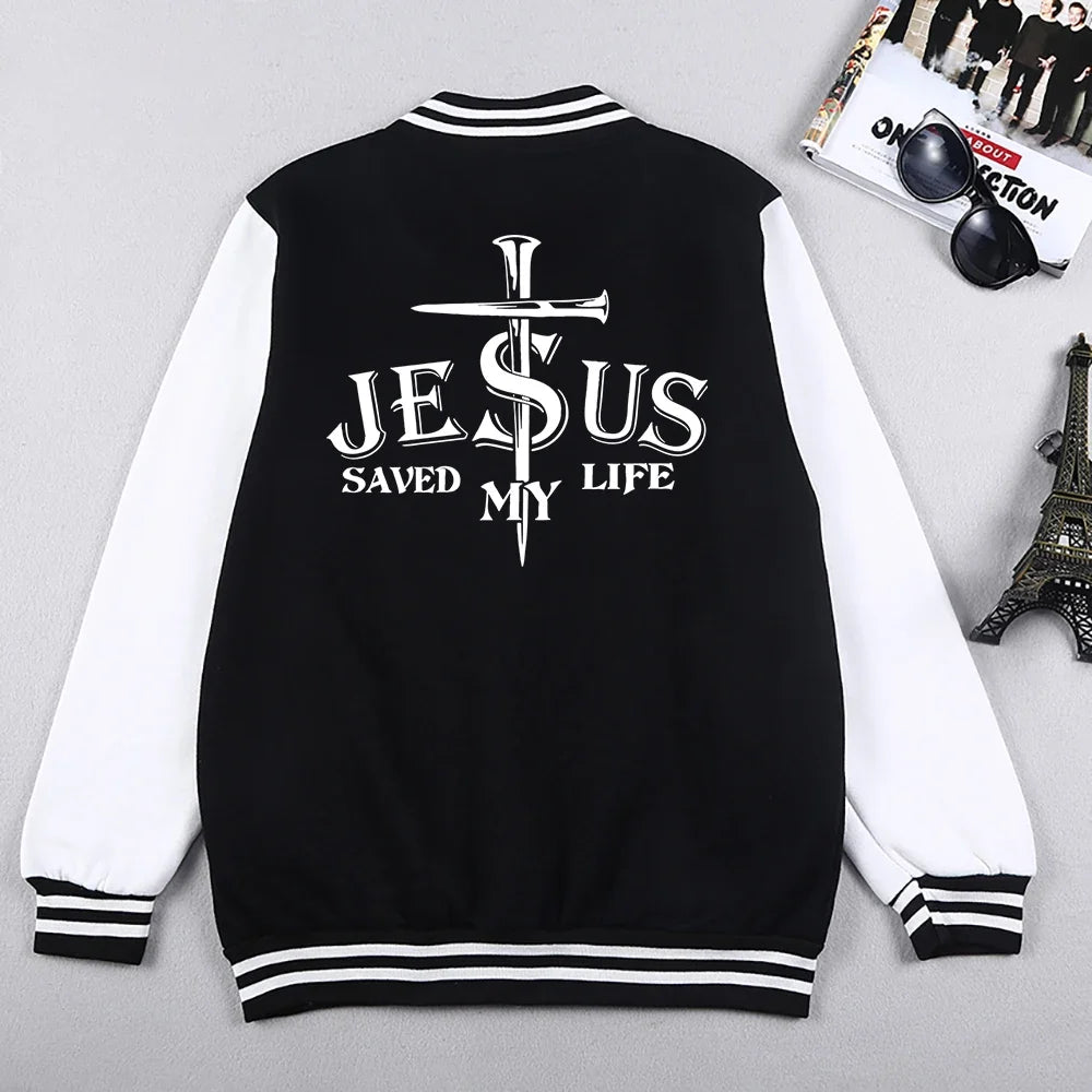 Jesus Saved My Life Letter Graphic Men'S Jackets Preppy Style Baseball Uniforms Casual S-5Xl High Street Motion Clothing