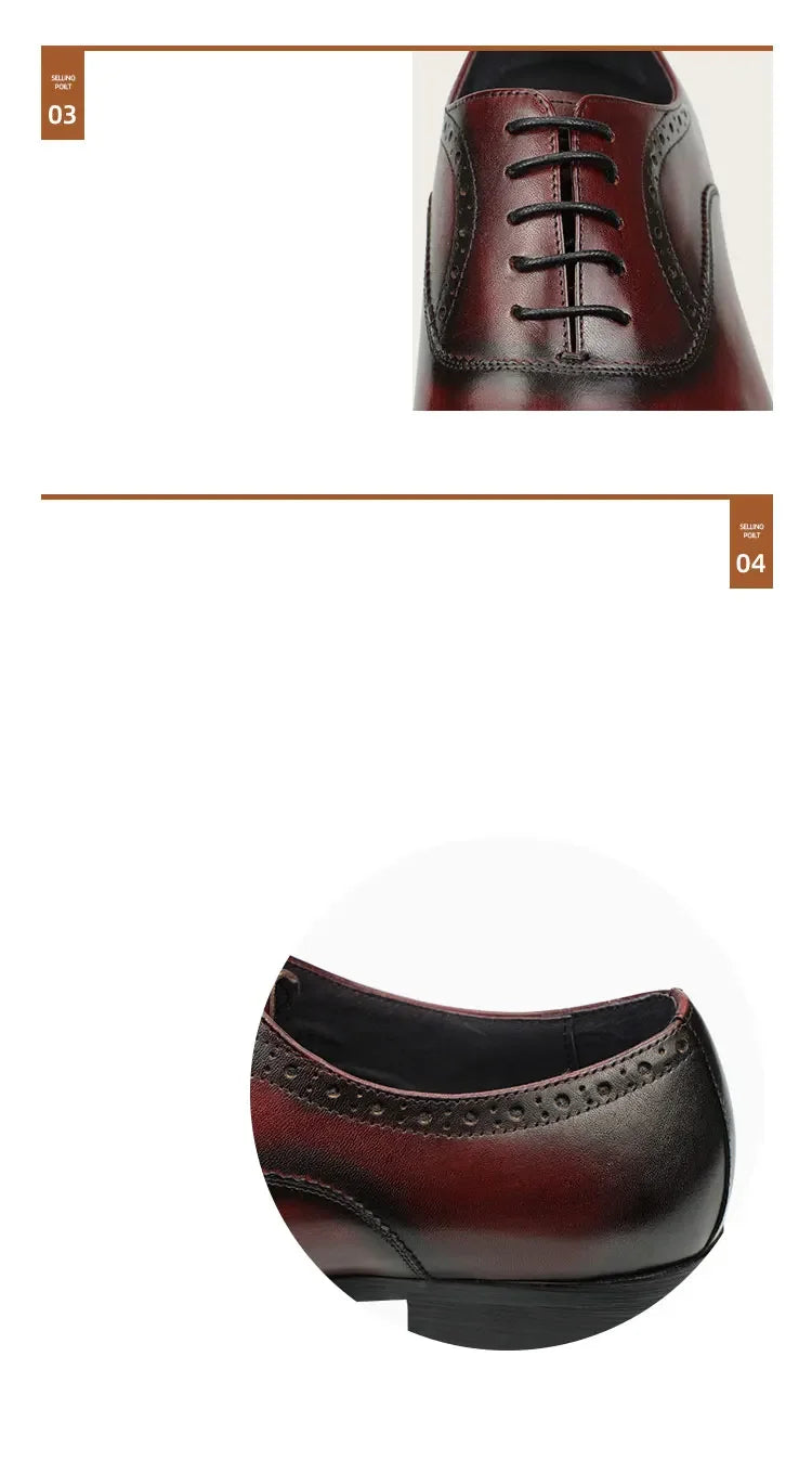 Luxury Dress Genuine Leather Shoes Mens Business Office Work Brogues High Quality Comfortable Formal Wedding Shoe Black&Wine Red
