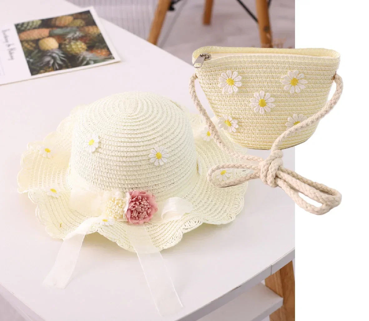 little girls summer straw sun hats and straw shoulder bags