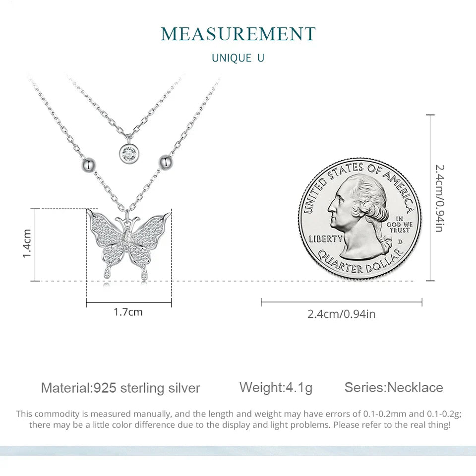 925 Sterling Silver Double-layer Tassel Butterfly Pendant Necklace for Women Engagement Gift Fine Jewelry BSN308
