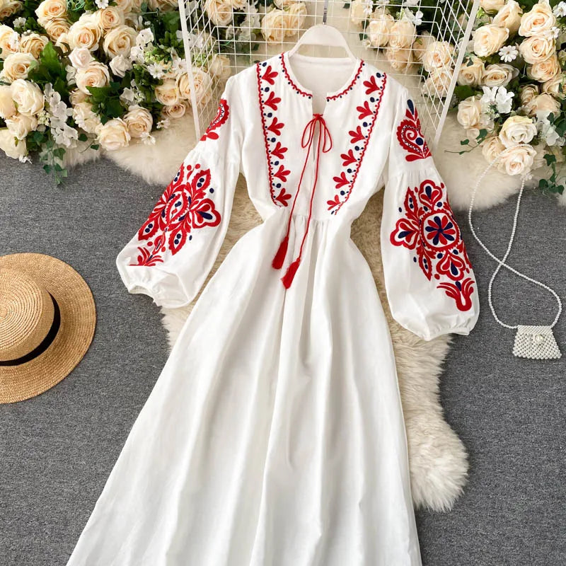 Embroidered Flower Long Sve Loose Fit Lantern Sve Gathered Slimming A-Line Dr Women's round Ne Dr