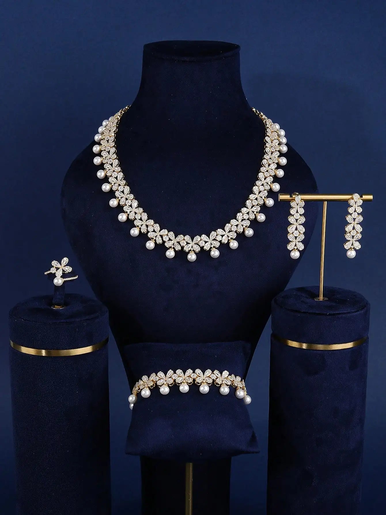 Luxury Cubic Zirconia Necklace Bracelet Earrings and Ring 4pcs Dubai Full Jewelry Set For Women,Bridal Dress Dinner
