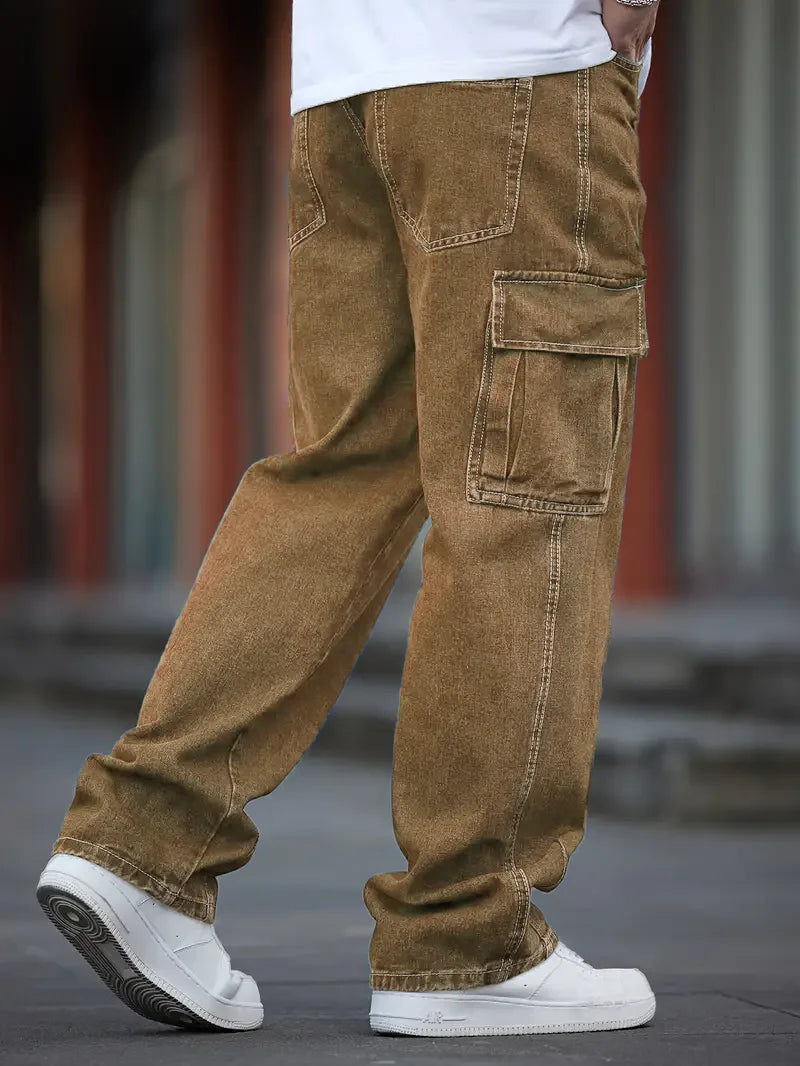Men's Deep Blue Washed Denim Workwear Jeans Casual Multiple Pockets Design Loose Wide Leg Trousers Y2K Style Cargo Pants